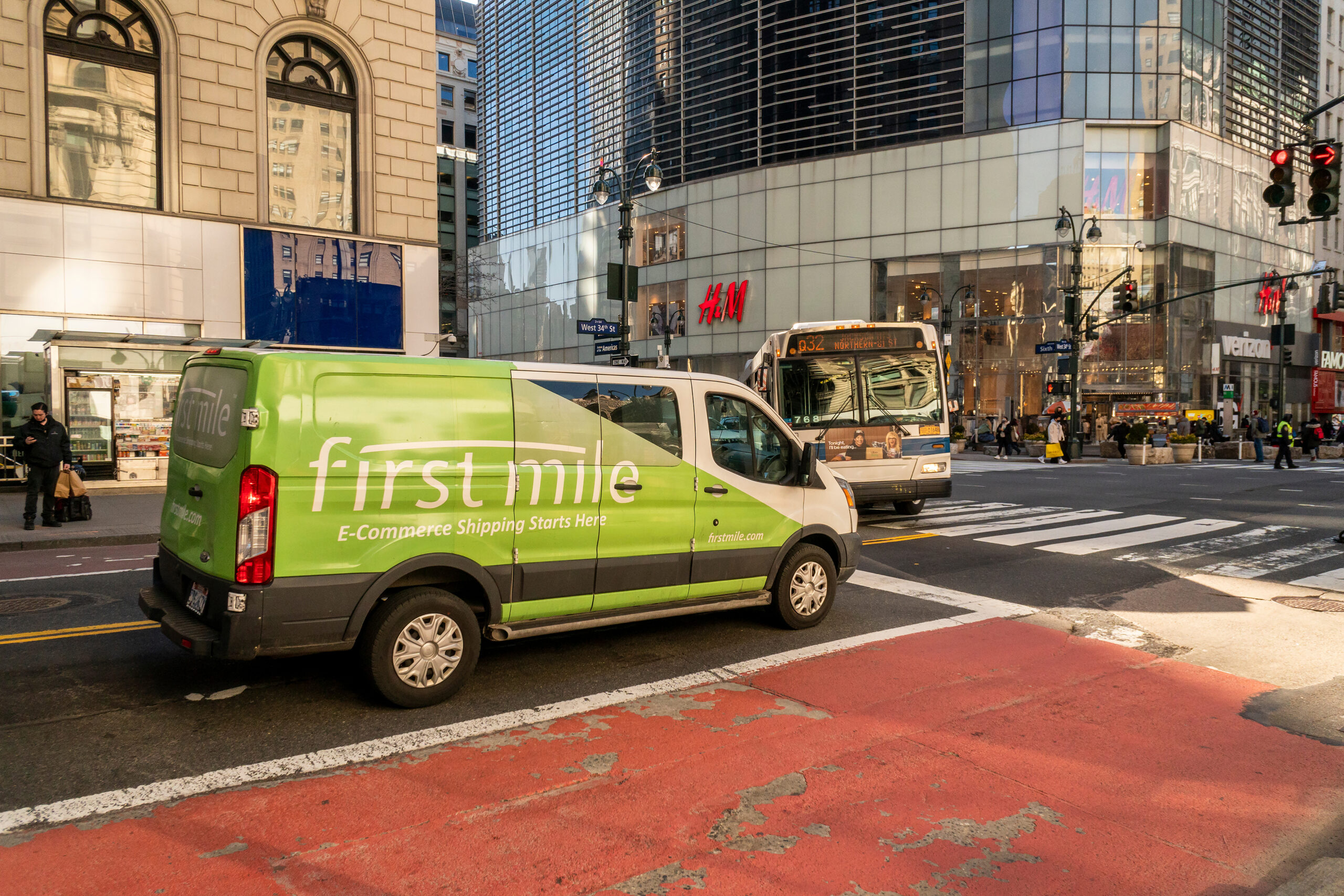 New York NY USA-March 6, 2020  A FirstMile brand delivery van in Herald Square in New York