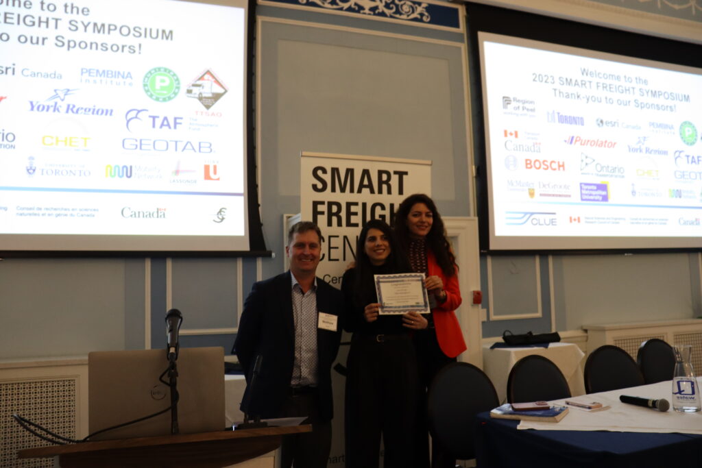 Elham Heydarigharaei and Lina Al Waqfi  being presented a certificate for winning the 2023 Smart Freight Symposium lunch debate.