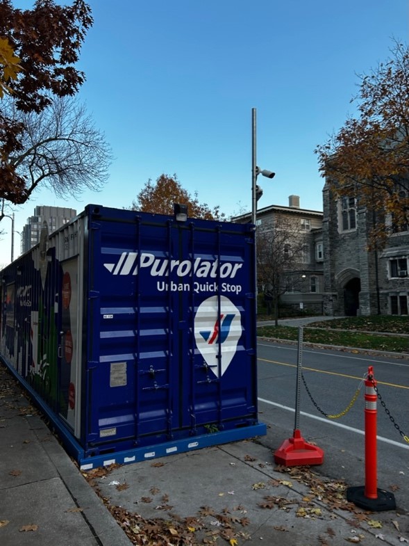 The image shows the Purolator Urban Quick Stop on the University of Toronto St. George campus and the Bosch camera equipment